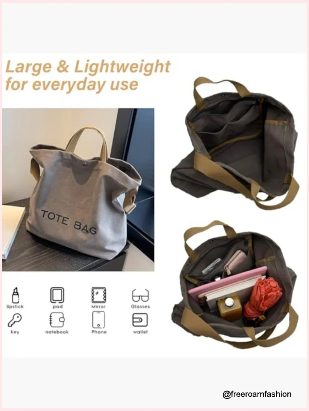 Large Canvas Tote Bag Shoulder Crossbody 17.7x13.7 Travel Handbag